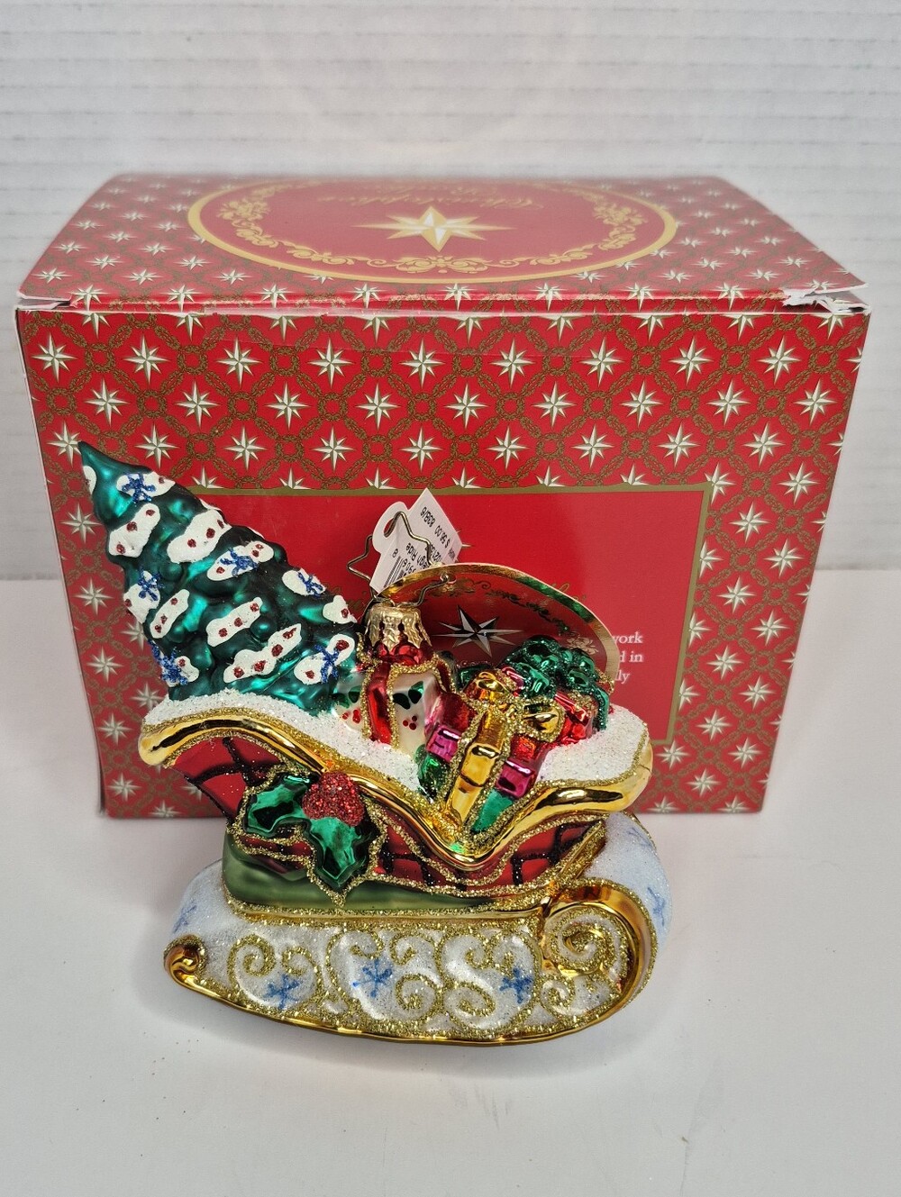 Christopher Radko Snowy Sleigh Ride Red Green Gold Santa Sleigh Glass Ornament